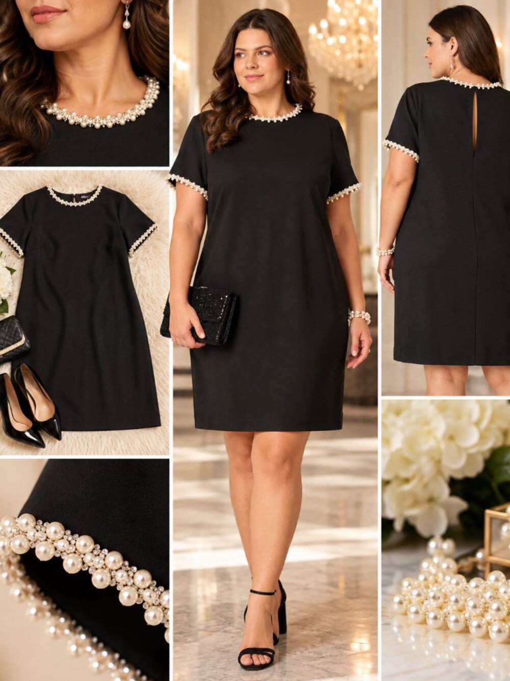 Adrianna Papell Plus Size Black Pearl Trim Short Sleeve Shift Dress 16W NWT